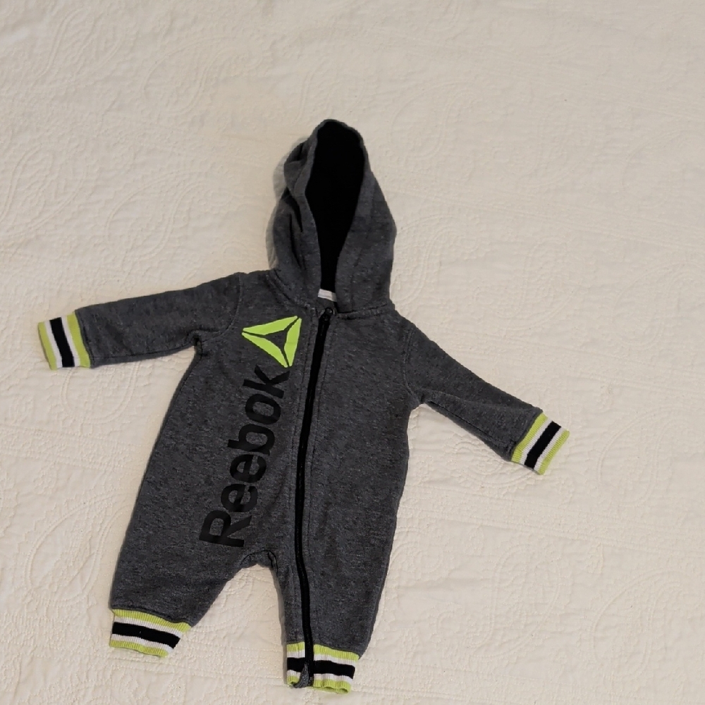 Reebok Gray One-Piece Hooded Bodysuit with Lime Accents